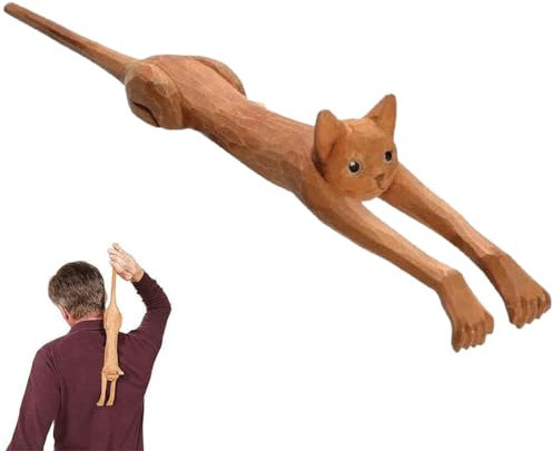 Rascador de espalda con forma de gato, rascador de espalda de gato de madera de tilo de mano de 18.9 pulgadas, rascador de espalda de gato de mango largo para alivio instantáneo de la picazón,