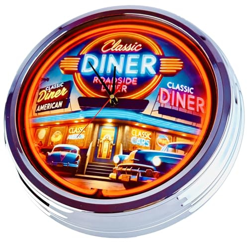 US-Way.de American Diner Nr. 11 WallClock Deko-Clock – 44 cm Durchmesser, Deko-Wanduhr ohne Tickgeräusche und gut lesbares Display, USA 50er-Jahre-Stil Neon-Uhr für Küche, Wohnzimmer, Büro (Orange)