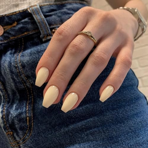 SXVME Beige False Nails Coffin, Medium Short Press on Nails Coffin, Yellow Glue on Nails Gel Fake Nails for Women, Short Ballerina Acrylic Nails for Daily Wear 24 Pcs