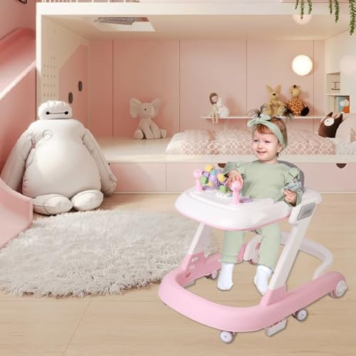Trotteur Bébé Pliable Évolutif 2 en 1, 6-18 Mois, Charge Max 15 KG, Musique&Lumière, Hauteur Réglable en 3 Positions,roues arrière à vitesse réglable (rose)