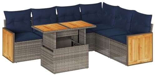 vidaXL 7 Piece Garden Sofa Set with Cushions Grey Poly Rattan Acacia, outdoor sofa set, garden lounge set