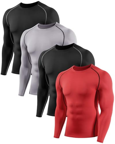 Orrfreer 4 Pack Men's Long Sleeve Compression Base Layer Top Quick Dry Long Sleeve Running Top Mens Tight Baselayer Tee Shirts All Season for Running Training