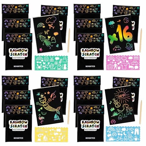 BONNYCO Carte a Gratter Enfant 16 Sets avec Carnet, Pochoir et Stylet en Bois. Cadeau Anniversaire Enfants Invites et Jouet Pinata Mixte. Cadeau Élève Fin d'Année de 3 à 12 Ans