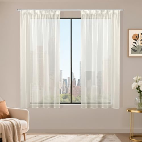 Runyéla Stores Gardinen mit Kräuselband 2er Set, Voile Schiebegardinen 140 x 120 (HxB), Transparent Gardine, Vorhang Beige, Vorhänge für Wohnzimmer Schlafzimmer Sheer Curtain