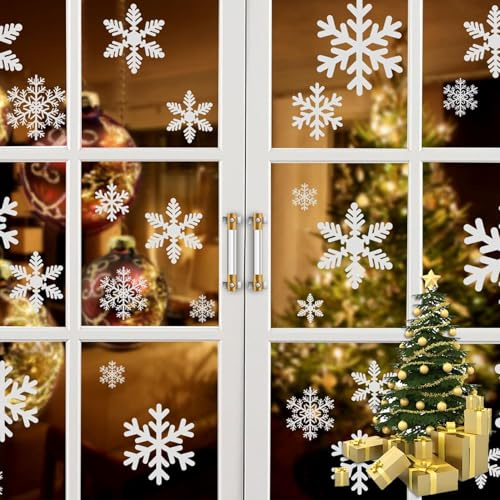 144 Pezzi Vetrofanie Adesivi Natalizie Finestre, Vetrofanie Natalizie Bianco Fiocchi di Neve, Decorazioni Invernali Rimovibili per Finestre di Natalizie