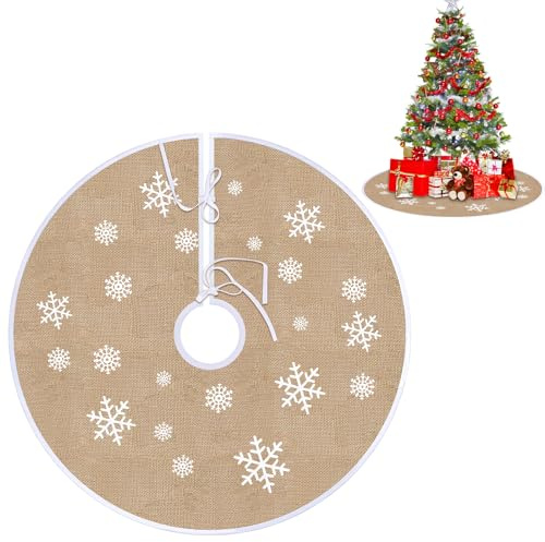 Weihnachtsbaum Decke Rock Ø80cm Weihnachtsbaum Rock, Leinen Schneeflocke Muster Weihnachtsdecke für Christbaum, Khaki Tannenbaum Decke, Weihnachtsbaumdecke Rund für Weihnachtsbaum Deko