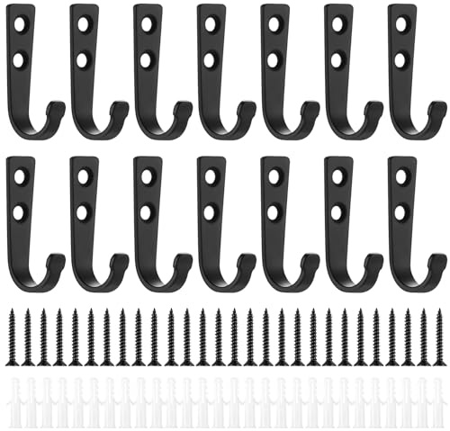 BOJIUKEJI Set di 14 ganci appendiabiti/gancio per armadio in metallo nero, ganci da parete con fissaggio a vite, ganci neri per asciugamani, bagno, camera da letto, con viti, tasselli e copriviti.