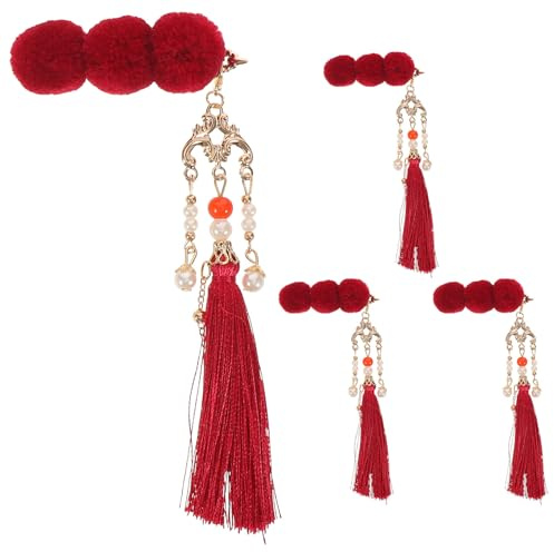 MILISTEN 4er-Pack Quastenhaarspangen: Chinesisches Neujahr, rote Pompon-Quasten, Hanfu-Haarspangen – hübsche Haarspangen für Frauen und Teenager, asiatischer Festtags-Kopfschmuck