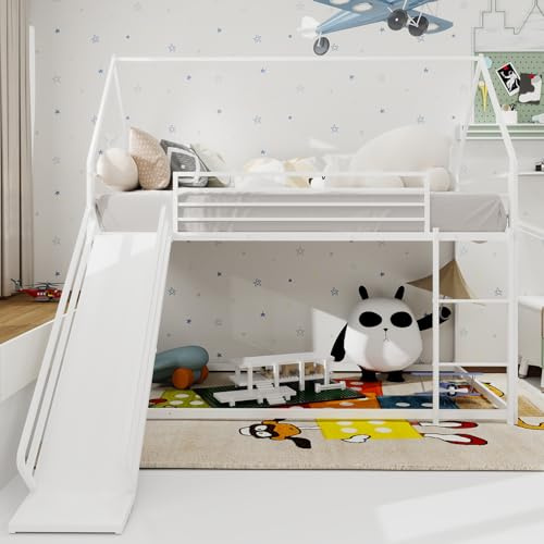 Generisch Etagenbett Mit Rutsche Für Kinderzimmer - Metallrahmen Hochbett Mit Sicherheitsgeländer, Platzsparendes Doppelstockbett Ohne Boxspring & Einfacher Aufbau