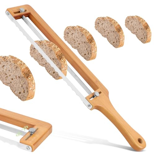 Niuny Brotmesser Wellenschliff Verstellbarer Brotschneider Bambusrahmen Bread Knife Brotschneidemesser Mit 22cm Klingenlänge Präzisionsschnitt 0,6cm - 5,1cm Dicke Bäckermesser Für Brot & Brötchen