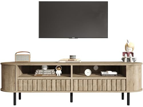 kozamas TV-Schrank Natur für 65 Zoll, Lowboard mit 2 Schubladen und 5 Stützbeinen, Wohnzimmerschrank mit Stauraum-Lösung und ovalen Ecken, 160x40 cm, MDF, modern und sicher