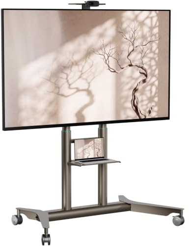ONKRON Mobile TV Stand on Wheels for 55”-90” Screens, Rolling TV Stand Max Load 90 kg, Portable TV Stand on Wheels VESA 200x200-800x600, Height Adjustable Television Trolley Champagne TS1871-C