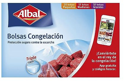 Albal Bolsas Congelación Surtida 1, 3 y 8 Litros, Fabricadas con 70% de Materiales Reciclados, Triple Capa. Resistentes, Reutilizables, Reciclables, 45 Bolsas. Libres de BPA