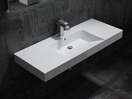 BERNSTEIN - Vasque Lavabo Rectangulaire à poser/suspendre Blanc Brillant 122x48x14cm + Bonde pop-up & trou robinet, Lave main Marbre coulé - Design, Robuste & Durable - BS6036