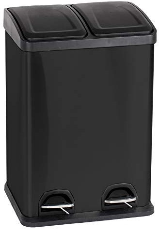 HAC24 Edelstahl Doppel Mülleimer 40l Küche Schwarz Matt Duo Abfalleimer Trennsystem Treteimer Mülltrenner Mülltonne Abfallsammler Abfallbehälter