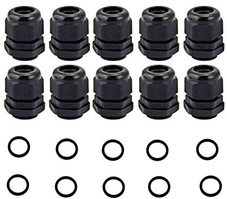 JZK 10 Stück PA Nylon Kunststoff IP68 Wasserdicht M20 x 1,5 Schwarz Kabelverschraubungen mit Gummiunterlegscheibe, M20 Drahtverschraubung für 6mm-11mm Kabel