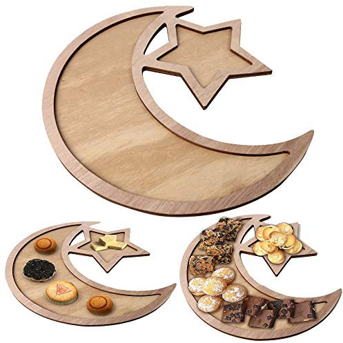 caicainiu Ramadan Eid Mubarak Tabletts, dekorative hölzerne Mond Stern Küche Obst Snack Essen Servieren Lagerung Einfarbig Dessert Tischdekoration Party Favor Islam Eid Hohl Teller Party Supplies
