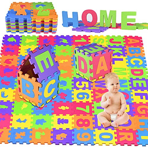 GOLDGE 72PCS Puzzle Tapis Mousse, Très Résistant pour Enfants, Jeu pour Bébé, Non Toxique, Alphabets & Chiffres, EVA Multicolore