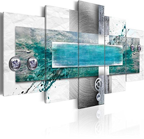 B&D XXL - Wandbilder XXL Abstrakt 150x75cm 5 tlg - Wand Deko Leinwand Bilder Groß Wanddeko Wohnzimmer Schlafzimmer Kunstdrucke - Textur türkis grau Farbflecken 020101-195