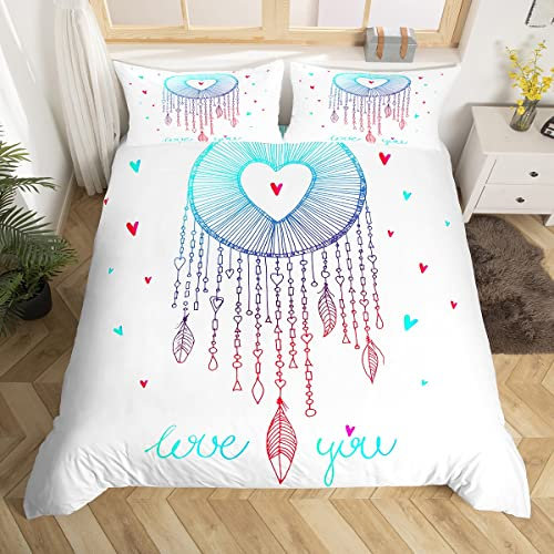Loussiesd Moderne Traumfänger Bettwã¤sche-Sets 135 x 200 cm Kissenbezug 80 x 80 cm mit Traumfänger Liebe Bettwäsche Mädchen deko Teenager mädchen Zimmer Herz Dream-Catcher Bohamian Bettbezug Weiß