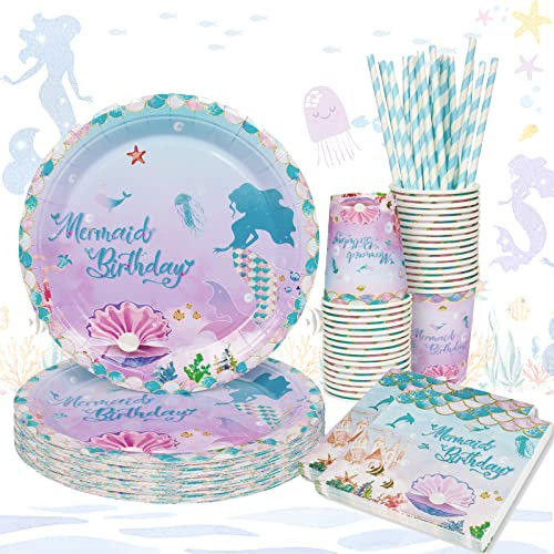 YEJIKJ Partygeschirr, Meerjungfrau Geburtstag Deko, 68 Stück pappteller Kindergeburtstag Besteck Deko Partygeschirr für Babyparty Geburtstagsfeier Hochzeiten Jubiläen (16 Gäste)