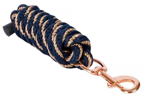 Start Führstrick Pferd 2 m – Robuster Anbindestrick mit Panikhaken oder Karabiner – Reißfest & Wetterfest – Führseil für Stall, Bodenarbeit & tägliches Training (Dunkelblau/Rosegold, Karabinerhaken)