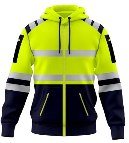 Mens New Hi Vis Safety Work Yellow Orange Multi Zipped Pockets Pullover Hoodie High Viz Reflective Tape Hoodie High Visibility Sweatshirt Top S/2XL