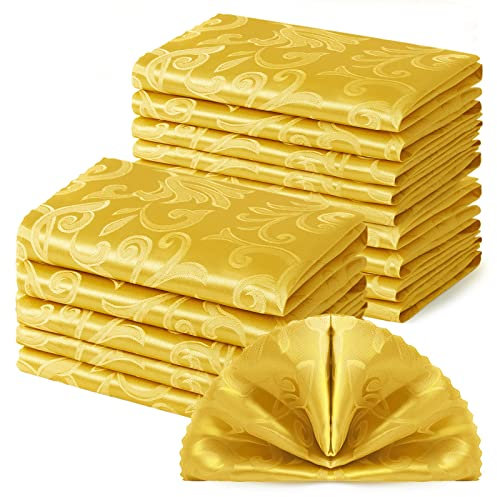 Horbaunal 12 Stück Damast-Tuchservietten, 43,2 x 43,2 cm, Jacquard-Tischdeckenservietten, Set mit 12 quadratischen Satin-Servietten, Stoffservietten für Hochzeit, Party, Bankett, Gold