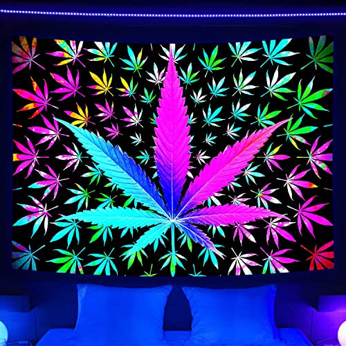 VEIGIKE Cooles Trippy Weed Schwarzlicht Tapisserie UV reaktiv, Neon Tie Dye Marihuana Blatt Cannabis Schwarzlicht Kunst Poster für Männer Zimmer Schlafzimmer Psychedelic Glow in The Dark Decke Party