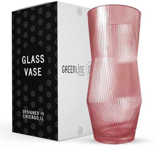 Greenline Goods Gerippte Blumenvase mit abgerundetem Boden - Rosa mundgeblasene Glasvasen für Blumen, geriffeltes & geripptes Design - Elegante Geriffelte Vase für Blumen, Premium Pink Glasvase zur