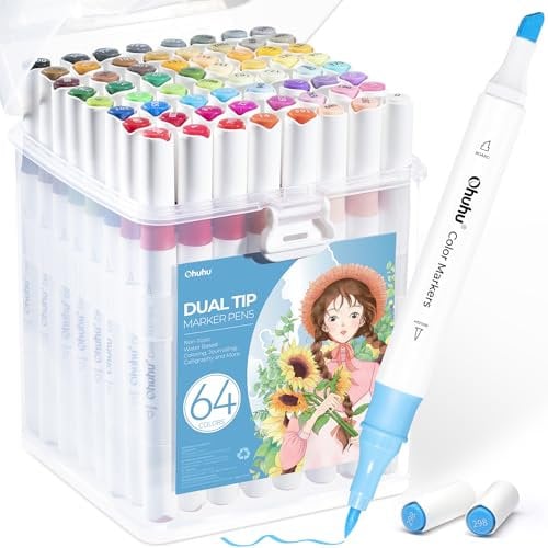 Ohuhu Marker Stifte auf Wasserbasis, 63+1 Farben Filzstifte Set Doppelspitze Marker für Erwachsenen Künstler für Comics Skizzieren Kalligraphieren Zeichnen, Geruchsneutral & Leicht zu Reinigende
