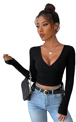 GORGLITTER Women's Ruched Wrap Crop Tops Long Sleeve Deep V Neck Tie Side Sexy Y2K T Shirt Crop Top Black XS