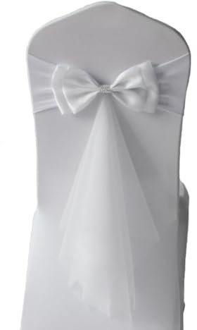 Wisafory 20 Stück Stuhlschleifen Hochzeit Stuhlschärpen mit Strass Abnehmbaren Elastizität Satin Schleifen Stuhl Schärpen Tüll Stuhl Rücken Bogen ohne Stuhlbezug für Hochzeit Party Weiß
