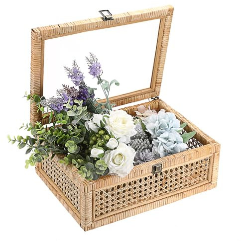 IGNPION Rattan Decorative Box with Lid, Woven Shelf Storage Basket Rectangular Rattan Keepsake Display Box Boho Style Desktop Basket for Home Décor