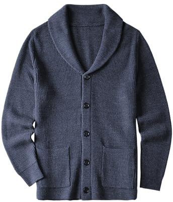 Cardigan Sciarpa da Uomo Collare Bag Wired Solid Color Buttons Autunno e Inverno Mens Abbigliamento_Navy_Medium