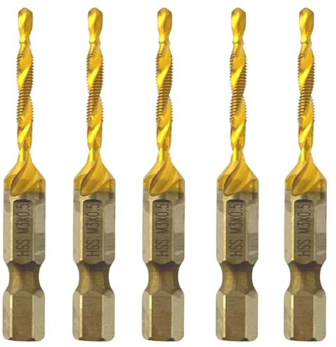 Rennie Tools - Pack Of 5 - M3 x 0.5 Combination Drill and Tap Bit, 1/4 Hex Shank. Metric Coarse Titanium Coated HSS Spiral Flute Drilling Tapping Tool. 3mm x 0.5mm Pitch Drill Bit.