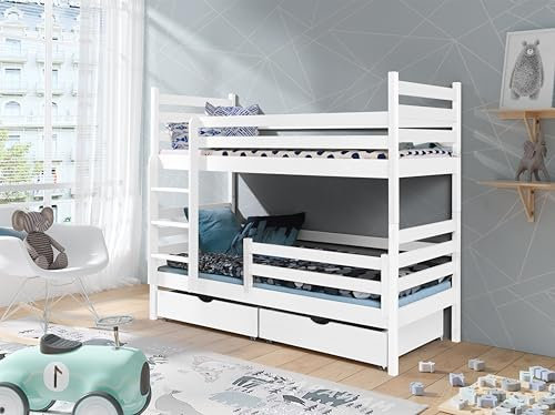 KEF-MEBLE Adalbert Etagenbett 80x160 cm - Holz Kinderbett - für Zwei Kinder - Holzbett mit Schubladen - Massivholz Kinderbett - Weiß - ohne Matratze - Leiter Universal