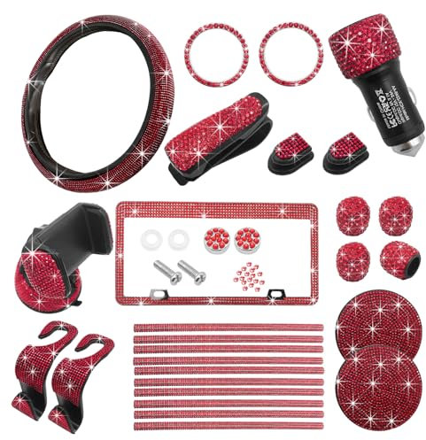 Suvnie 27PCS Bling Car Accessories Set for Women, Crystal Rhinestone Universal Steering Wheel Covers Fit 15 Inch, License Plate Frame, Phone Holder, Air Vent Outlet Trim, Coasters (Red)