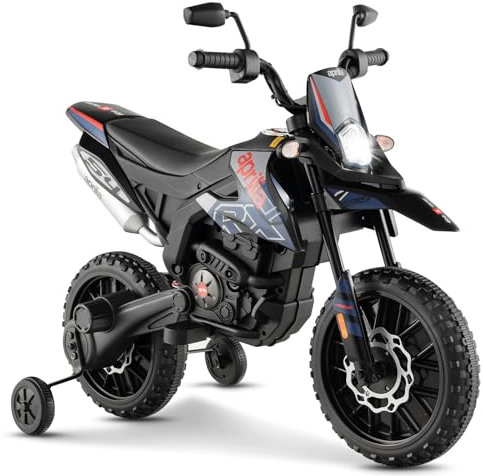 GYMAX Kids Electric Motorbike, 12V Aprilia Licensed Battery Powered Ride on Motorcycle with Training Wheels, Music, USB, Wireless Function & light, Children Dirt Motor Bike for 3-8 Years Old (Blue)