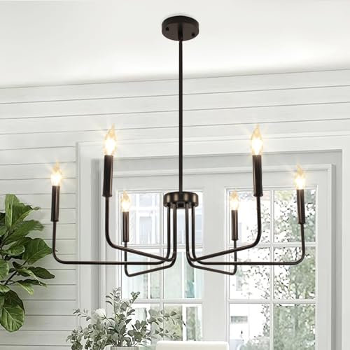 JHLBYL Schwarzer Metall kronleuchter, Moderner 6-Licht Industrielle Hängeleuchten für Kücheninsel, rustikale Kerzen Pendelleuchten für Esszimmer, Wohnzimmer, Schlafzimmer, E14 Lampenfassung