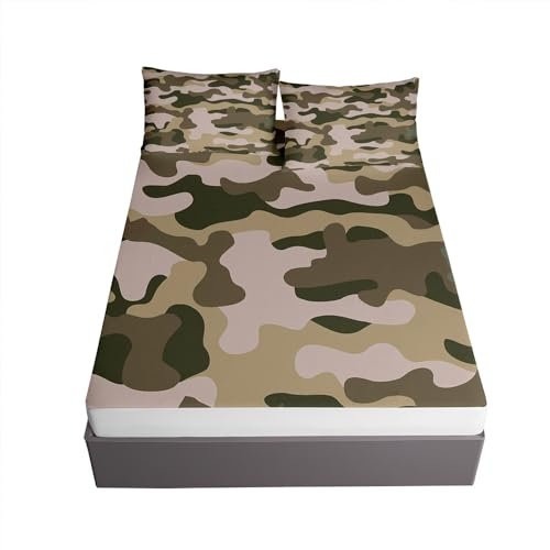 Surwin Spannbettlaken, 3D Camouflage Spannbetttücher, Mikrofaser Spannbetttuch mit 2 Kissenbezügen, Tiefe Tasche 30 cm, Bettlaken Weich und Bequem (150x200x30cm,ArmeeGrün)