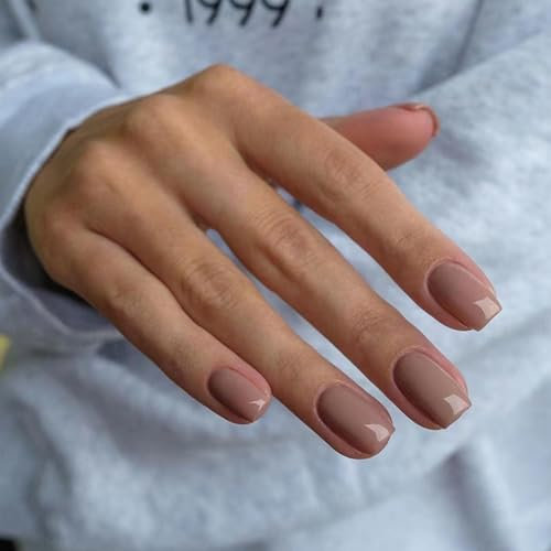 Ceboic 24 Pièces Faux Ongles Court Carré Français Couleur Pure Press on Nails Naturel Ongles Artificiels Couverture Complète Acrylique Faux Ongles à Coller Nail Art pour Femmes et Filles - Gris Rose