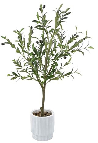 Pianta di ulivo artificiale con fioriera bianca, foglie di seta realistiche, piante finte, alberi finti senza manutenzione, decorazione perfetta per casa, ufficio e decorazione interna