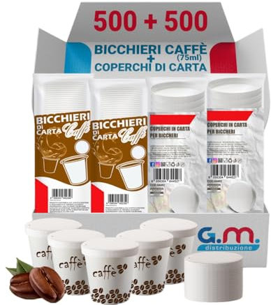 G.M. DISTRIBUZIONE 500 Bicchieri per Caffè da 75ml con Coperchio in Carta Piano senza Foro, Bicchieri e Coperchi Usa e Getta, Ideale per Bar e Caffetterie, Asporto Bevande Calde