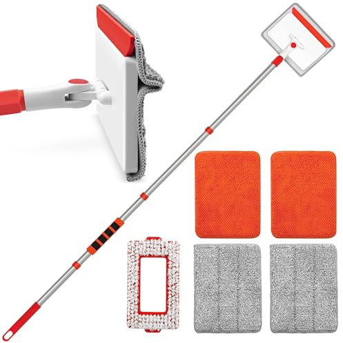 JEHONN Vadrouille de Nettoyage avec 142 cm Longue Poignée, Nettoyeur de Plinthes, 1 Brosse à Poils Durs, 2 Chenille et 2 Microfibre, Plumeau pour Plancher, Plafond, Fenêtre, Carrelage