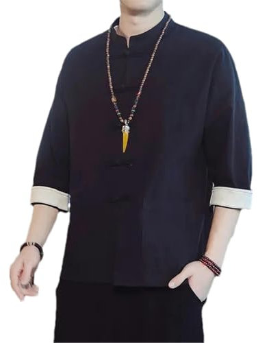 BoShiNuo Veste kimono traditionnelle chinoise en lin Hanfu à manches longues pour homme, Short noir B, L