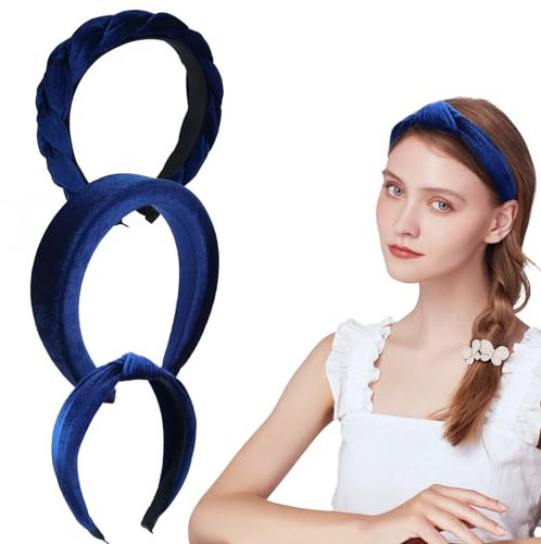 Haarreif Samt Geflochten Haarreifen Damen Stirnband Breit Haarband Vintage Gepolsterte Haarreifen Mode Stirnbänder Haarschmuck Kopfband für Frauen Mädchen Blau 3Pcs