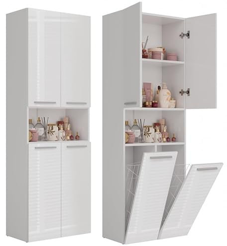 BDW Armadietto da bagno, 2 cesti per biancheria, 2 porte, 174 x 60 x 30 cm, mobiletto alto, mobile da bagno, mensola da bagno (bianco lucido)
