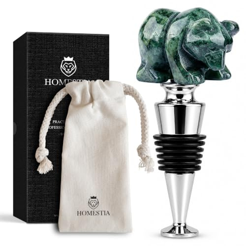 Homestia Wine Bottle Stopper, Reusable Wine Stopper w/Bear Gemstone Decor | Natural Green Bear Stone Wine Preserver Bottle Corks, Wine Saver, Silicone Leak proof, Keep Wine Fresh, Gifts for Wine Lovers