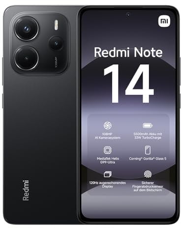 Xiaomi Redmi Note 14 smartphone, 6+128GB, black, 108MP AI camera system, 5500mAh battery, 120Hz eye-care display, AI features (no charger included), 2 year Warranty